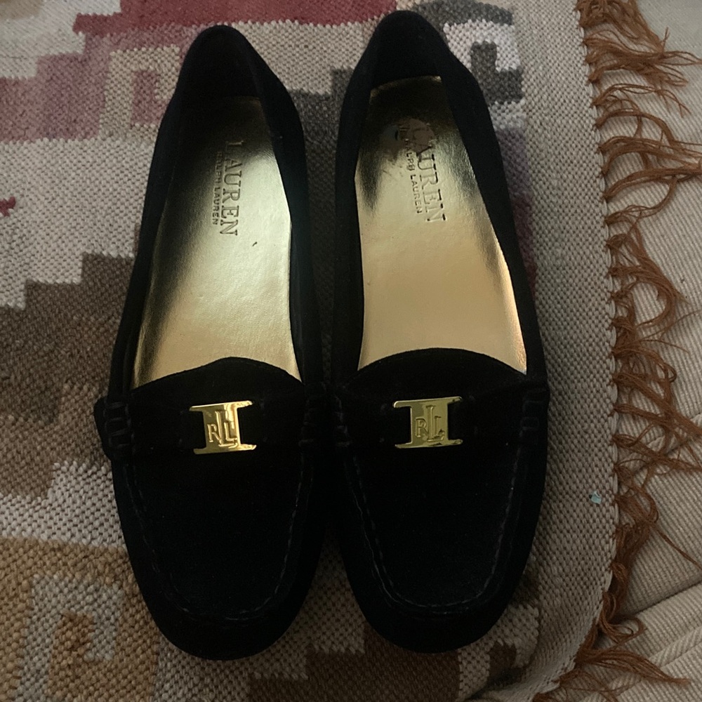 Ralph Lauren Black Suede Loafers with Gold Accent Monogram Buckle